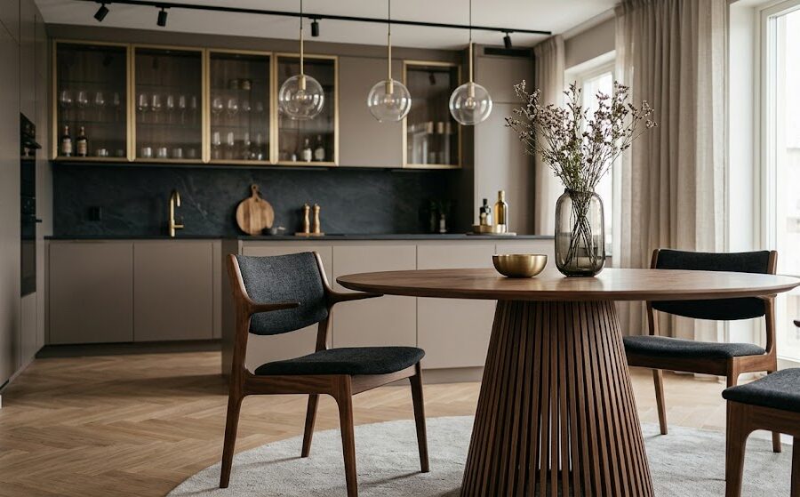Kitchen and dining concept: cashmere-toned full-height fronts with a dark worktop and glazed upper cabinets, and a round timber dining table treated as part of the same joinery package.