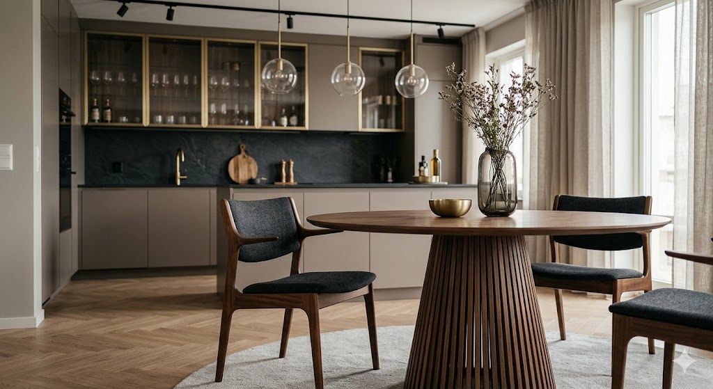 Kitchen and dining concept: cashmere-toned full-height fronts with a dark worktop and glazed upper cabinets, and a round timber dining table treated as part of the same joinery package.