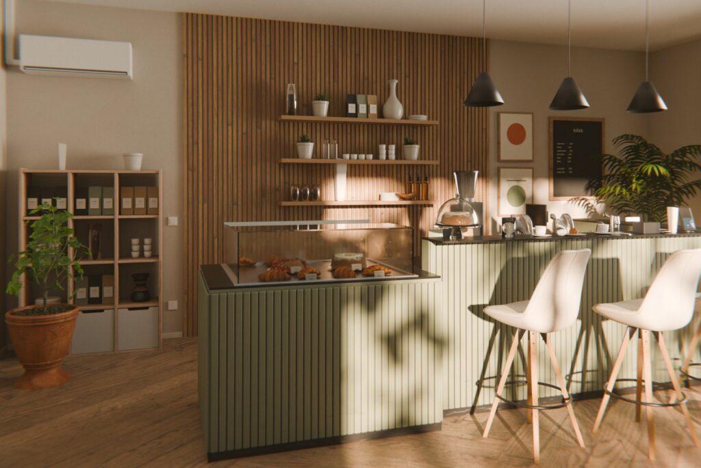 Café bar concept: a sage fluted front counter with a built-in pastry display and bar stools, a timber-slatted wall with open shelves behind, in low afternoon sun.