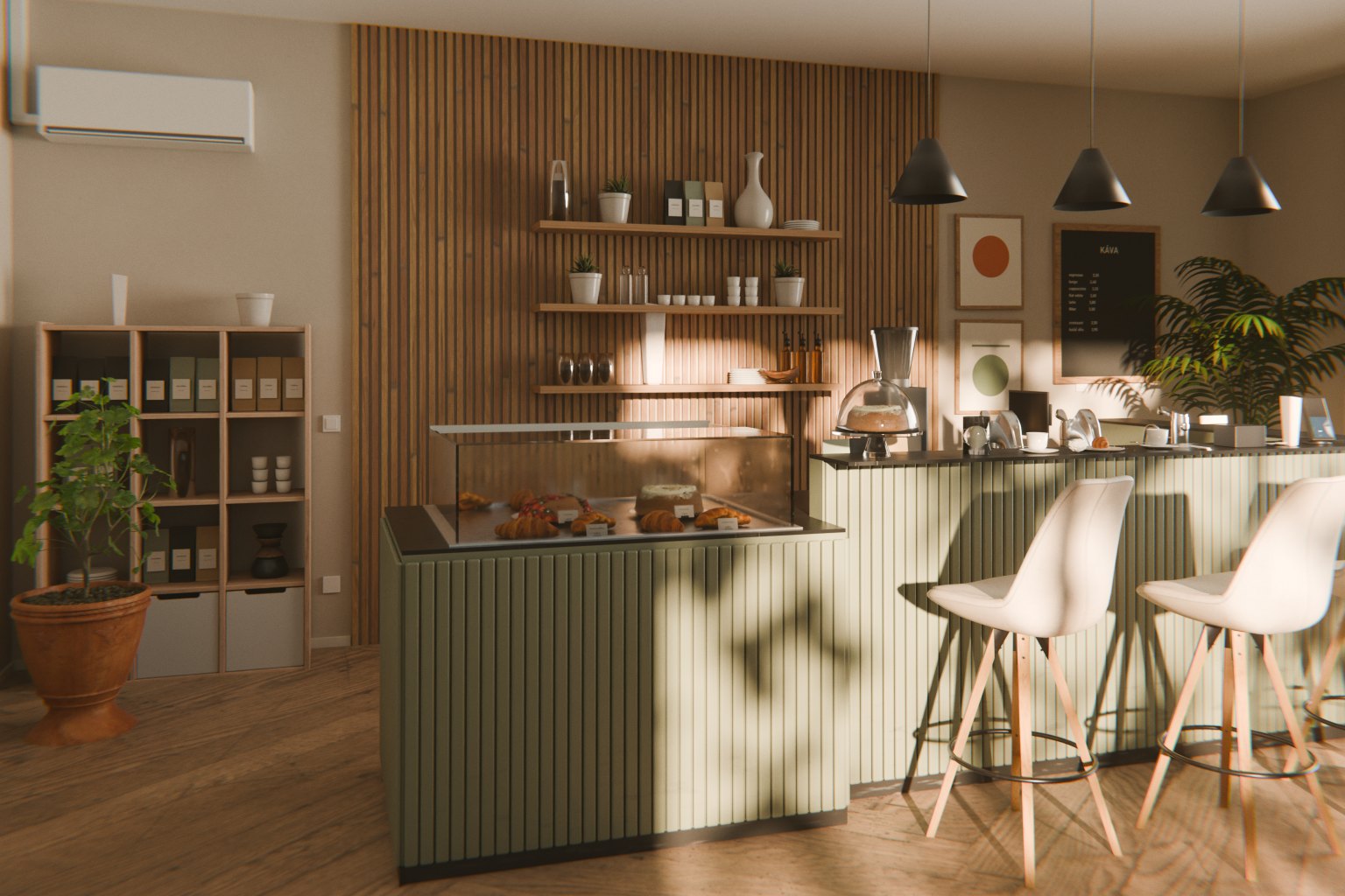 Visualisation of a café bar counter with a fluted green front