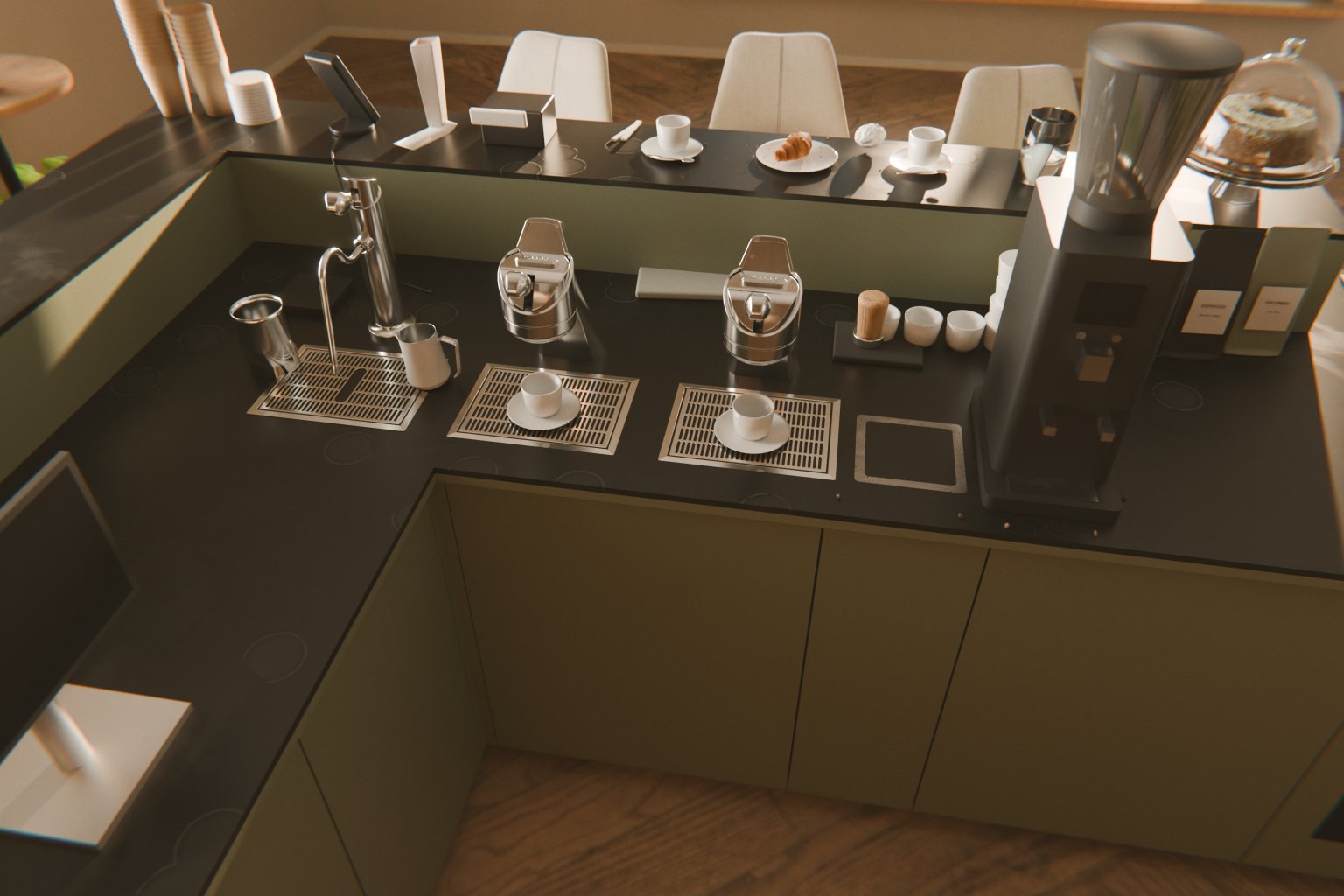 The barista side of the café bar from above: steam tap and two espresso taps rising from the worktop over flush drip trays, the grinder beside them, and a raised customer ledge with cups and stools beyond.
