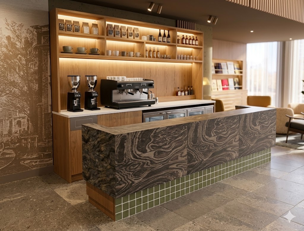 Café front bar in Rotterdam: a stone-clad counter with a green tiled plinth, and a timber barista station with espresso machine and grinders behind it.