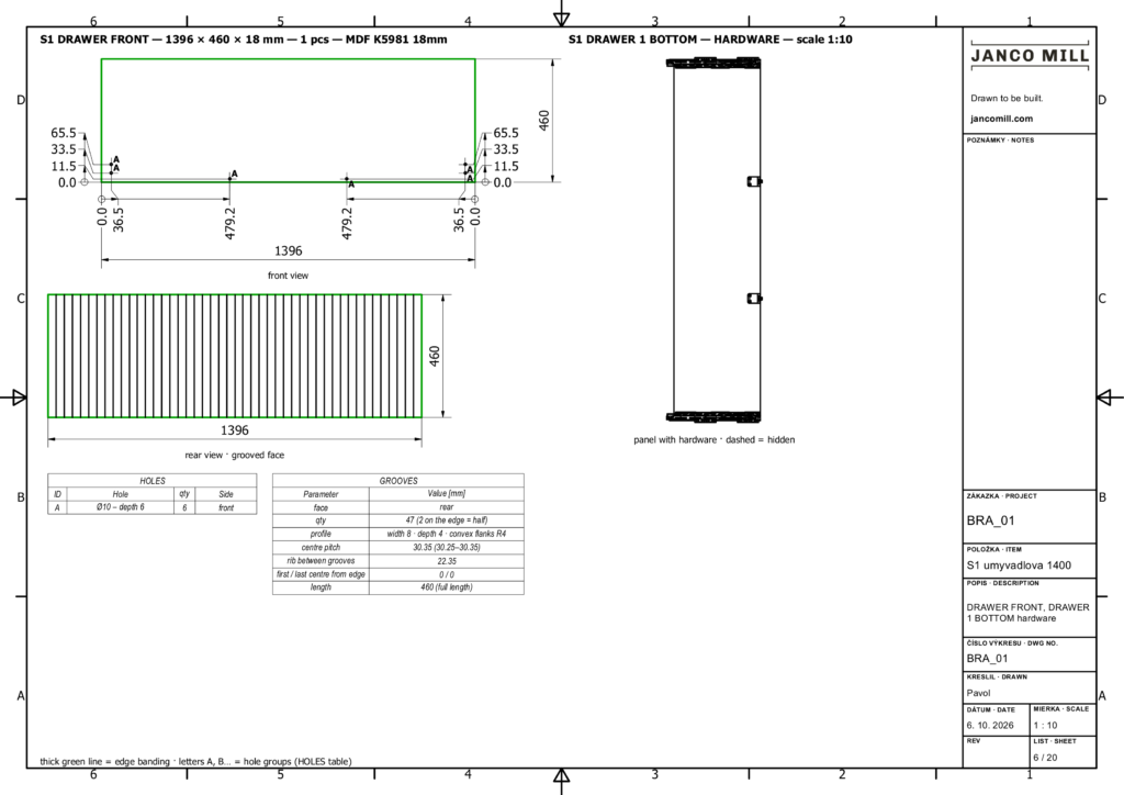 Drawing sheet of the fluted vanity front: rear view with dimensioned fixing holes, view of the grooved face and a table of groove count, profile, pitch and length.