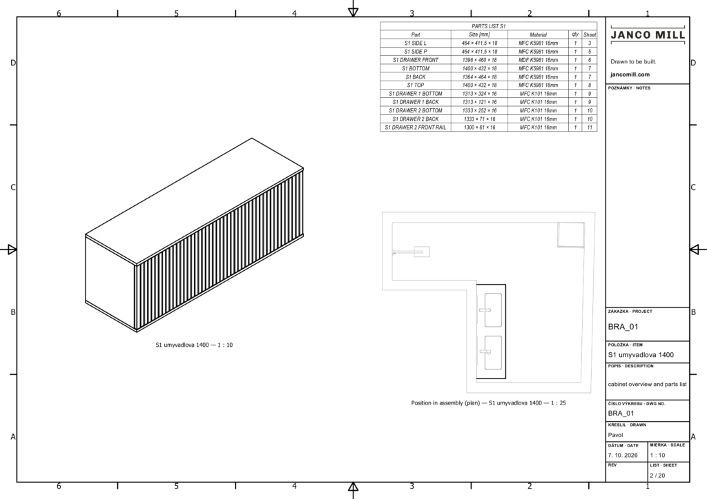 Drawing sheet: isometric overview of the vanity cabinet with its parts list and materials, and a plan of the room showing where the cabinet sits.