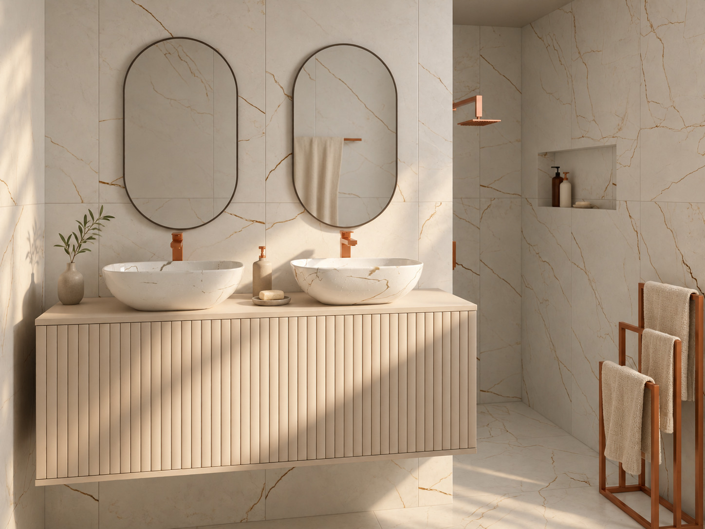 Bathroom in warm daylight: a wall-hung vanity with one fluted cashmere front, two marble-veined countertop basins with copper taps under two oval mirrors, a walk-in shower with a copper shower head and a copper towel stand.