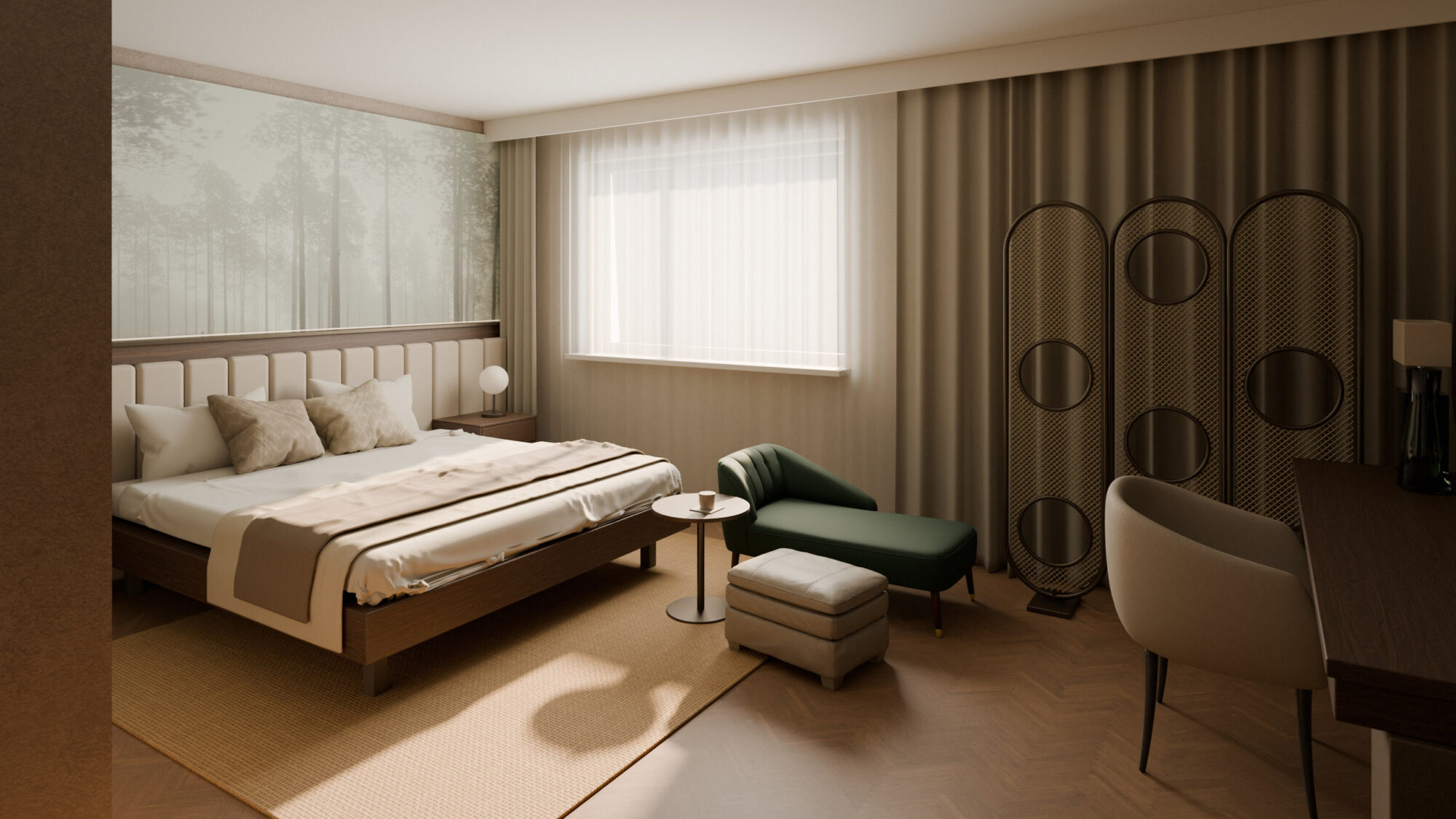 Hotel room visualisation in low sun: a bed with an upholstered headboard under a misty forest mural, a green chaise longue and a woven screen by the window, a desk in the foreground.