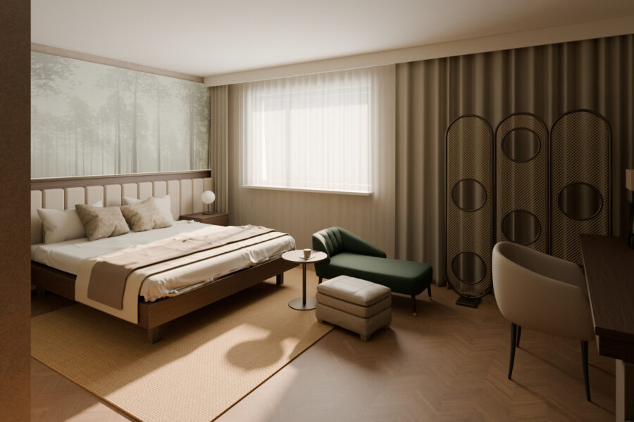 Hotel room visualisation in low sun: a bed with an upholstered headboard under a misty forest mural, a green chaise longue and a woven screen by the window, a desk in the foreground.