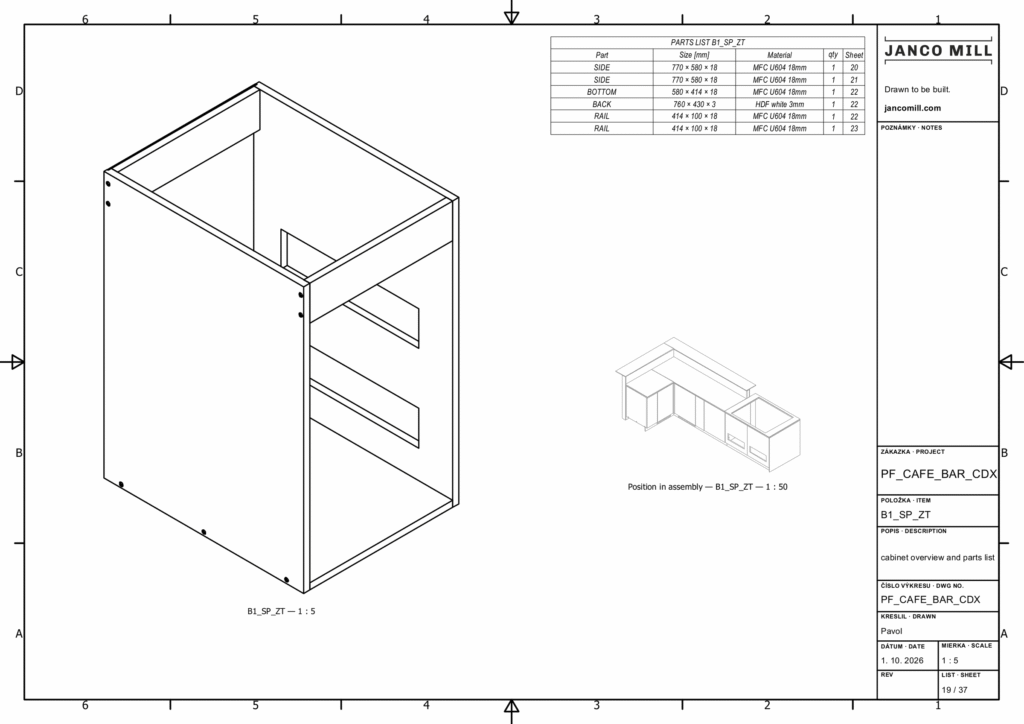 Shop drawing sheet for one carcass of the café bar: an isometric view showing the confirmat holes, a parts list with finished sizes and materials, and a small view of where the cabinet sits in the counter.