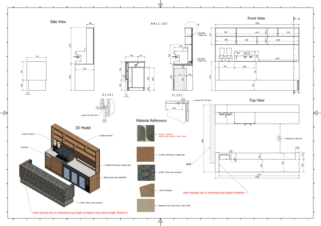 Drawing sheet of the front bar and barista station: dimensioned front, side and top views, a section through the counter, two details of the LED strip groove, an isometric view of the model with the appliances labelled, and material swatches.